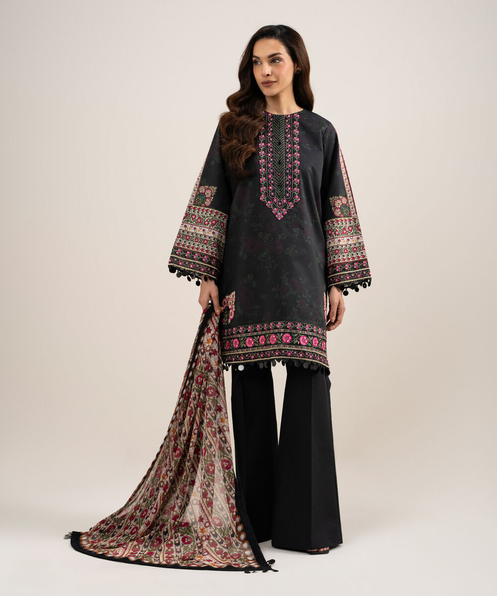 Women's Unstitched Lawn Embroidered Black