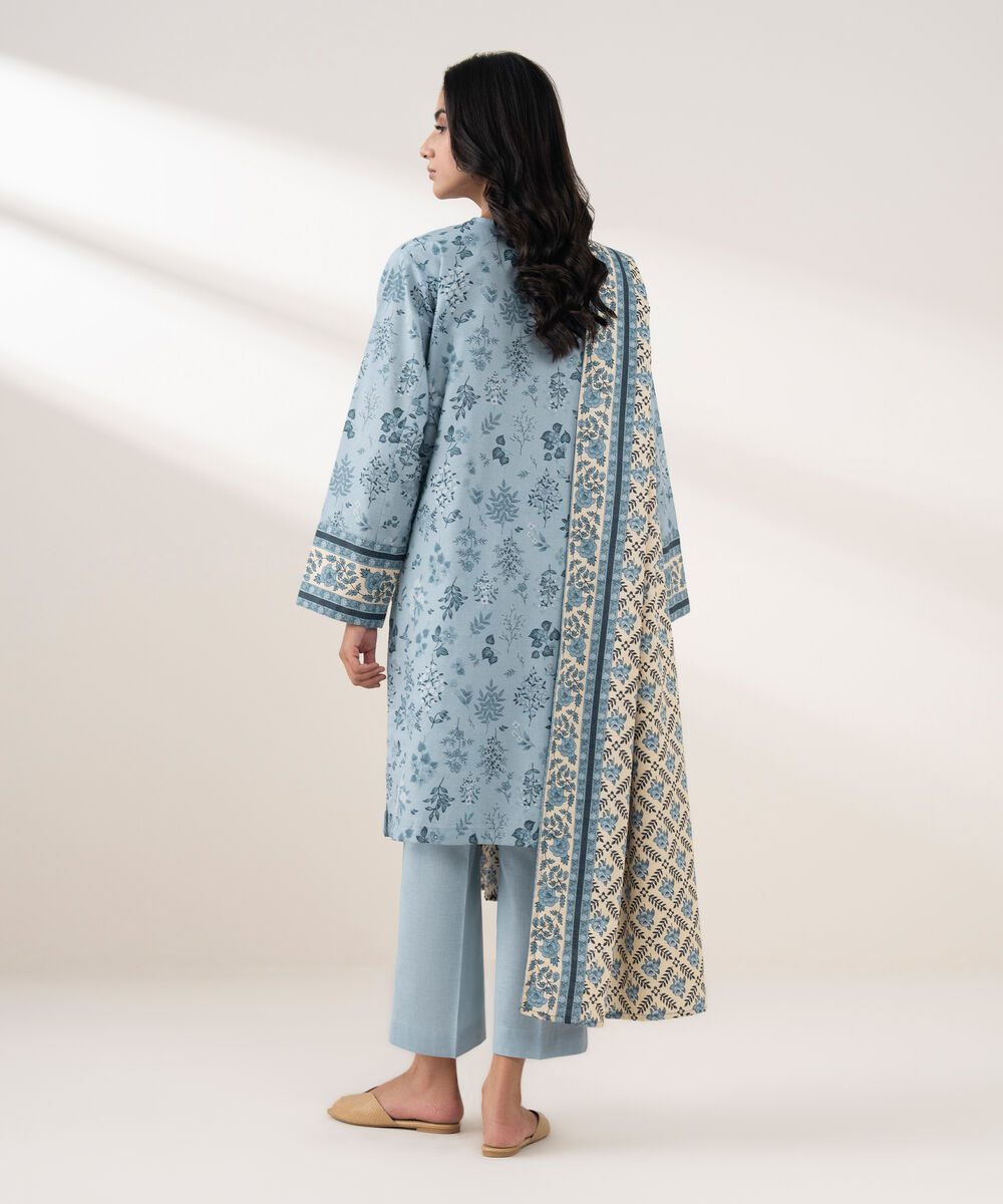 Women's RTW Khaddar Embroidered Blue 3 Piece Suit