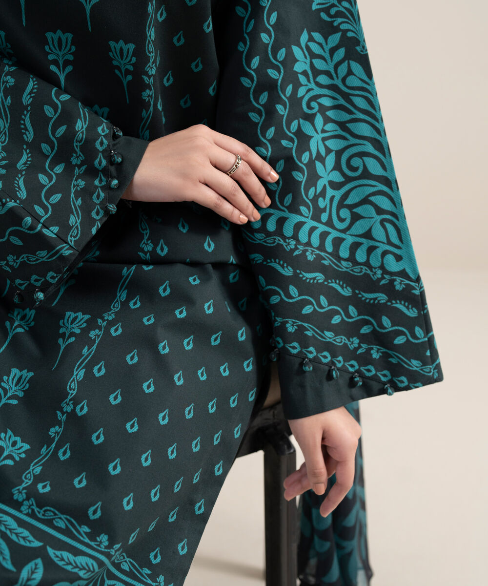 Women's Unstitched Lawn Printed Black and Teal 3 Piece Suit