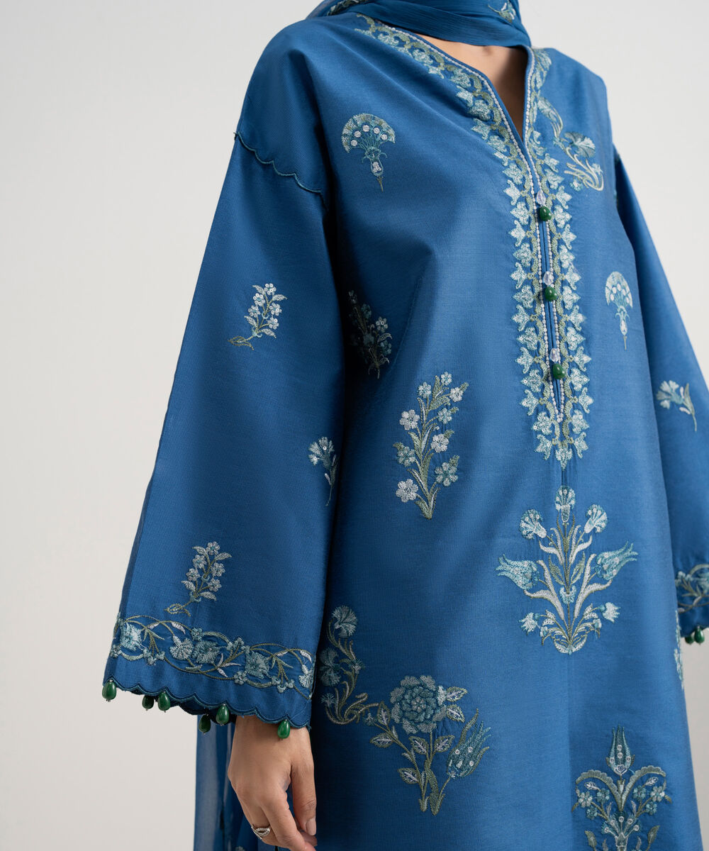 Women's Unstitched Silk Cotton Net Embroidered Blue 3 Piece Suit