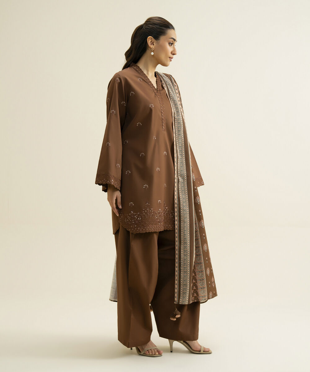 Women's Unstitched Basic Khaddar Embroidered Brown 3 Piece Suit
