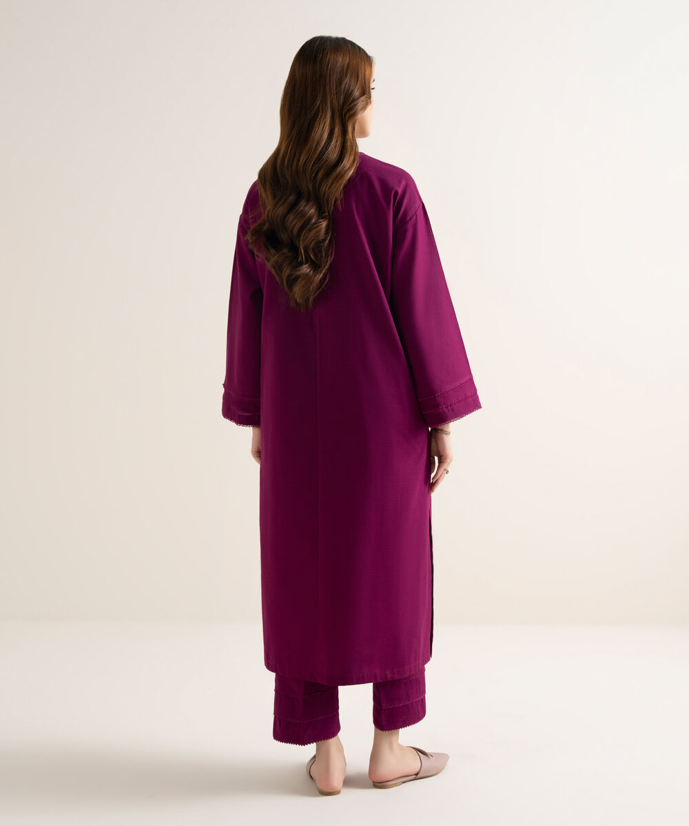 Women's RTW Textured Cotton Solid Drop Shoulder Purple Shirt