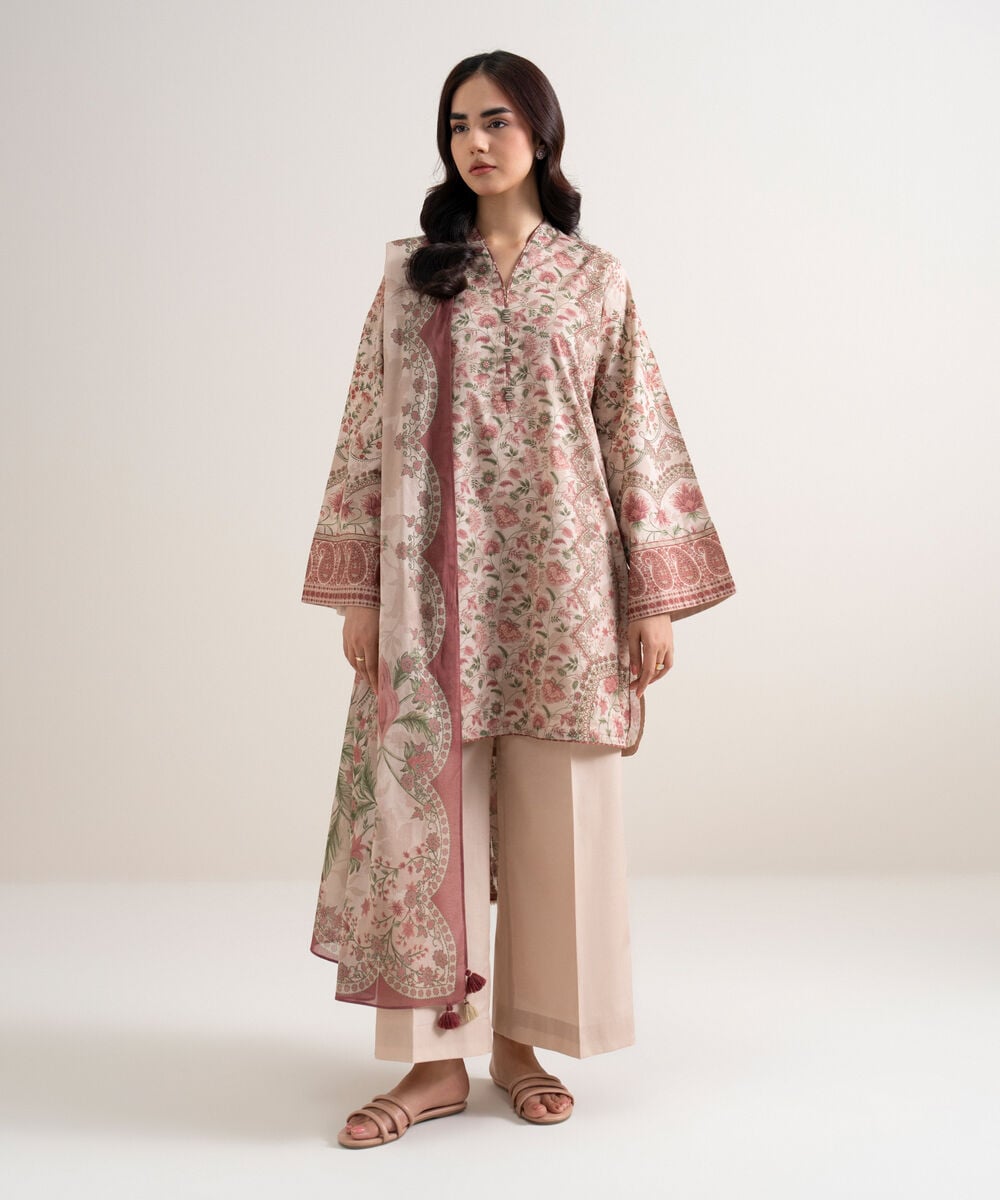 Women's Unstitched Lawn Printed Pink 3 Piece Suit