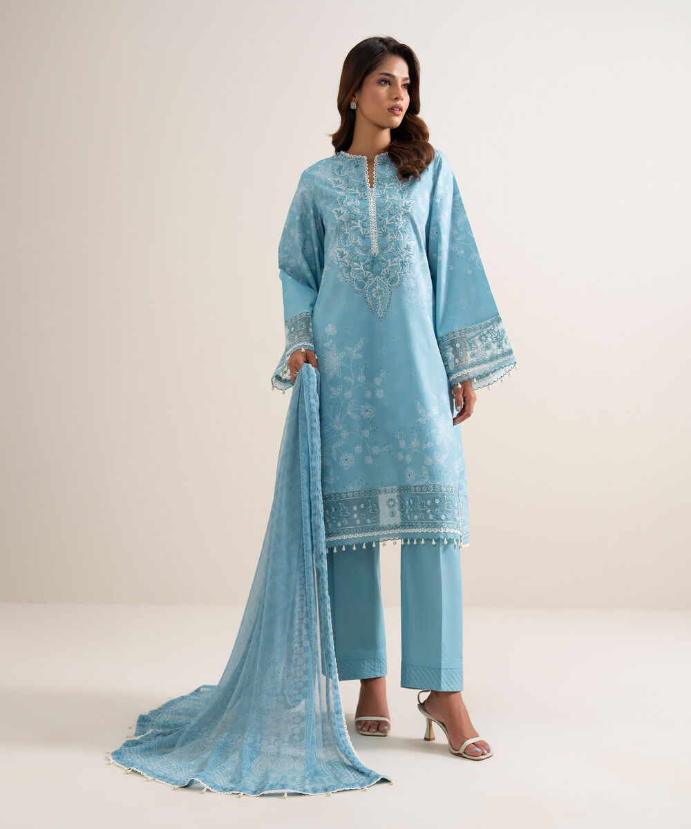 Women's Unstitched Lawn Embroidered Blue 3 Piece Suit