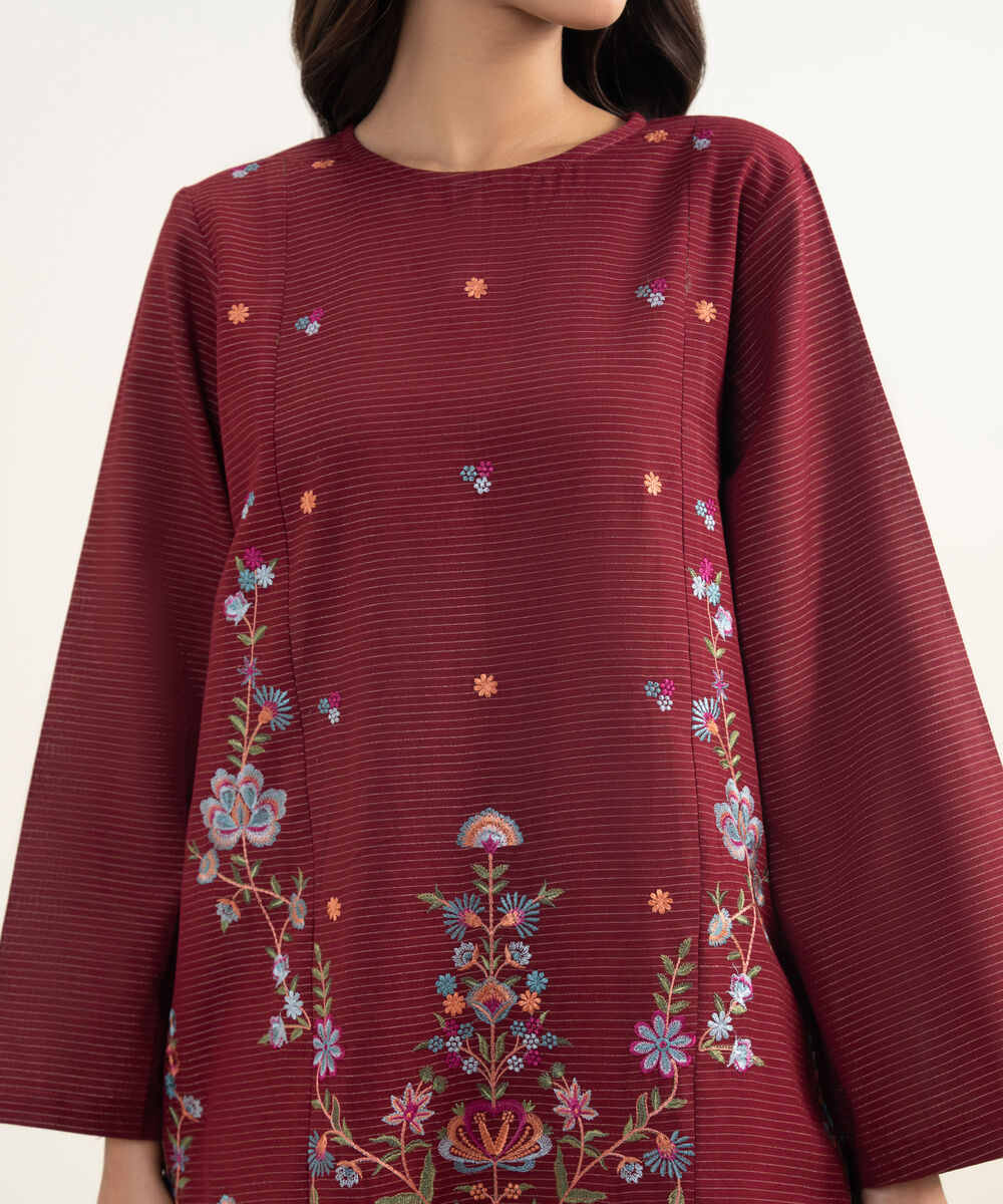 Women's Unstitched Zari Khaddar Maroon  3 Piece Suit