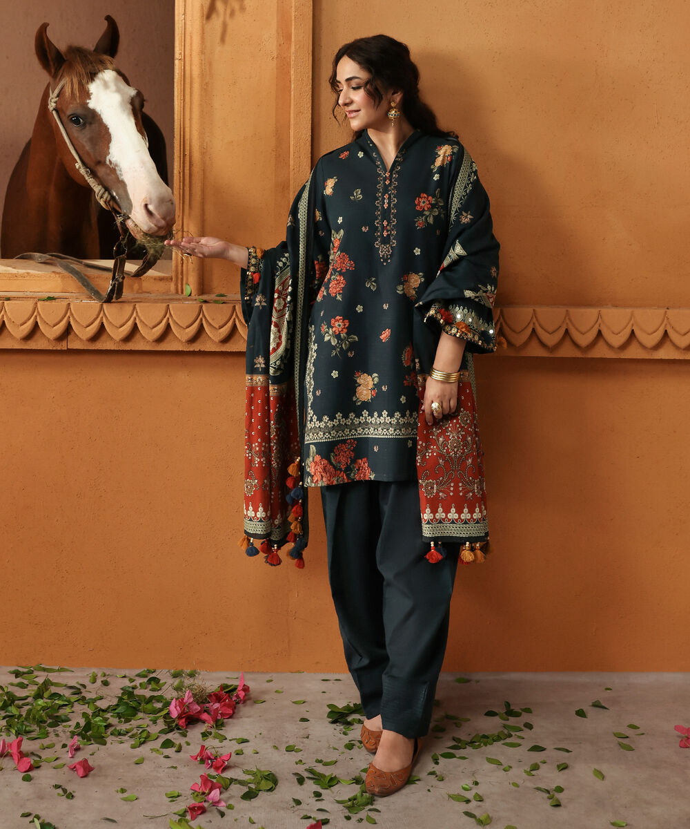 Women's Unstitched Cotton Printed Blue 3 Piece Suit