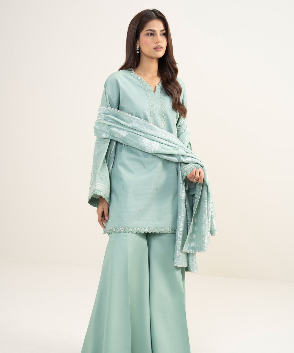 Women's Unstitched Dobby Embroidered Green 3 Piece Suit