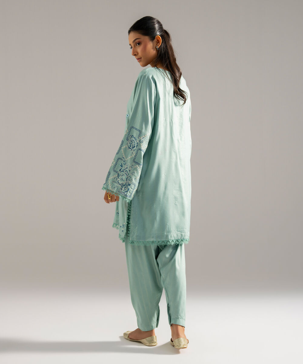 Women's RTW Dobby Crepe Lurix Solid Embroidered Seaform Green Straight Shirt