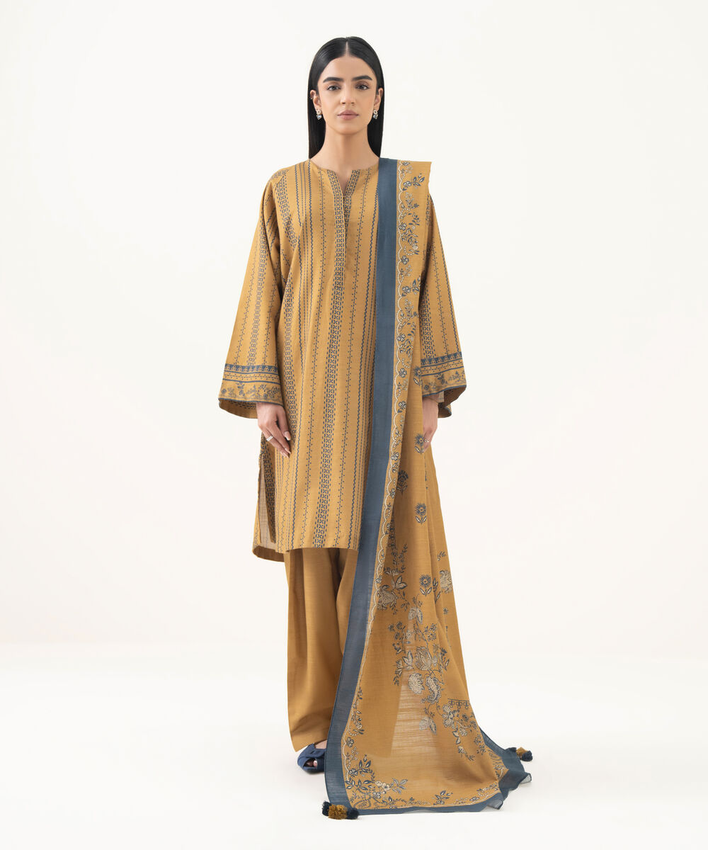 Women's Unstitched Light Khaddar Printed Brown 3 Piece Suit