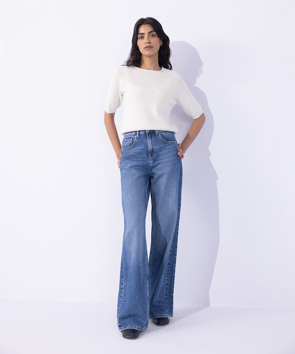Woman - Blue Wide Leg Jeans with Side Panel