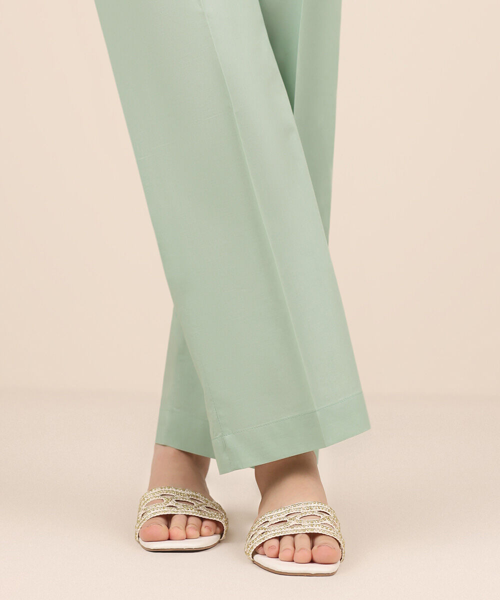 Women's RTW Cambric Green Solid Straight Pants