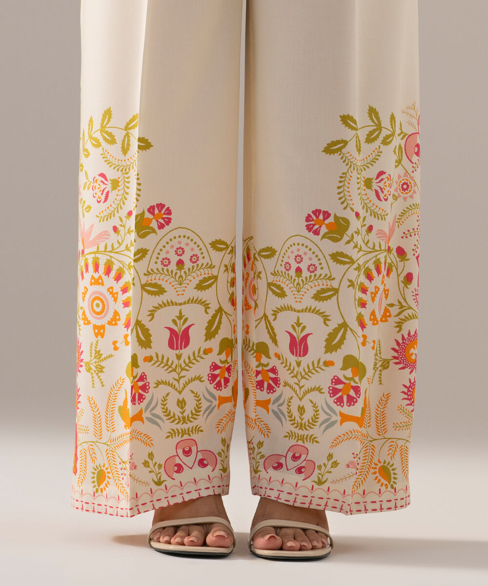 Women's RTW Arabic Cambric Printed Off White Straight Pants