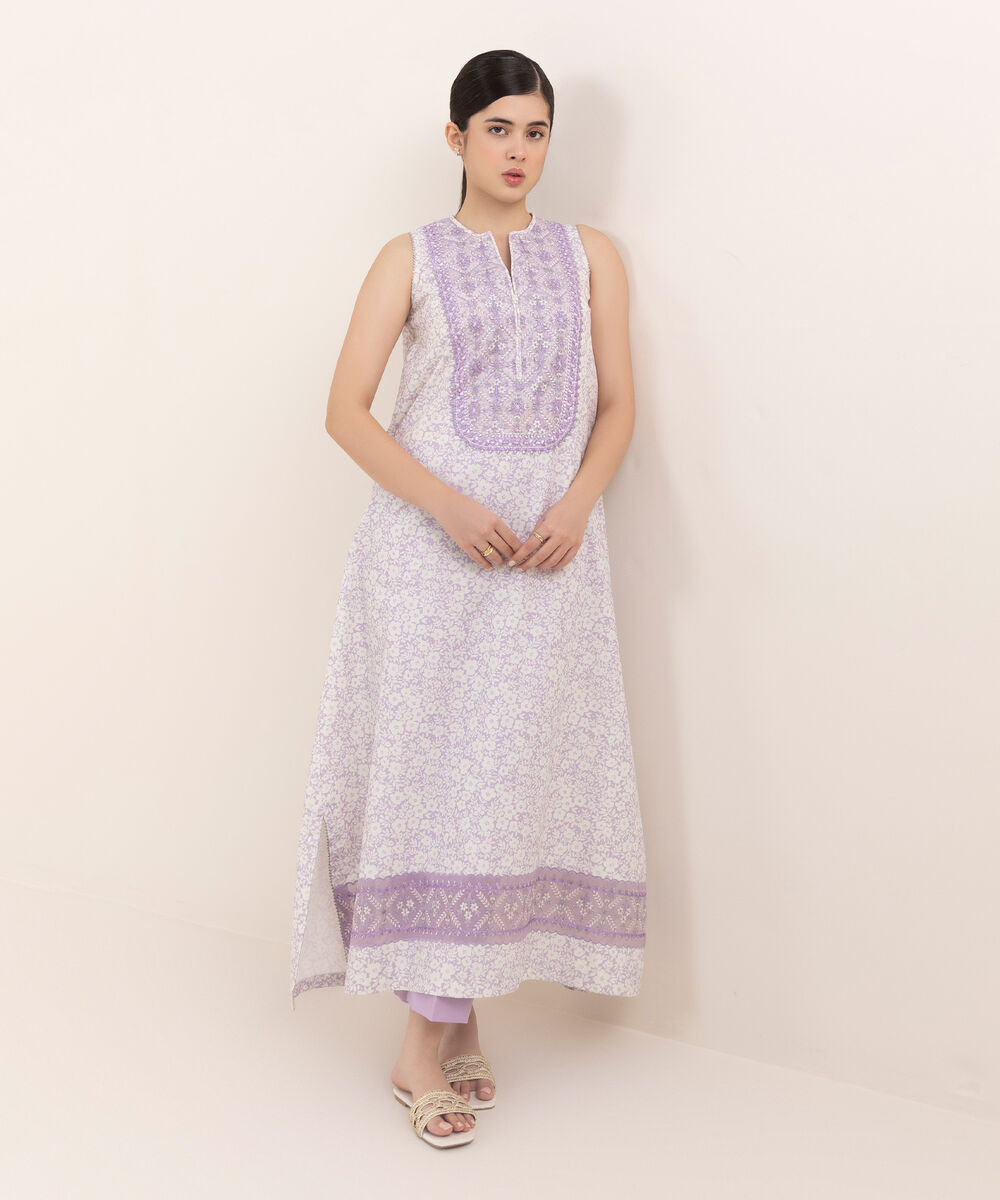 Women's Unstitched Cotton Embroidered Lilac Two Piece Suit