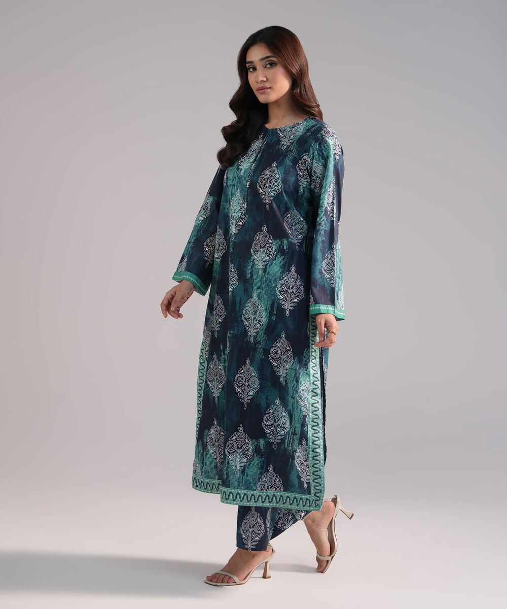 Women's RTW Slub Lawn Printed Dark Blue Straight Shirt