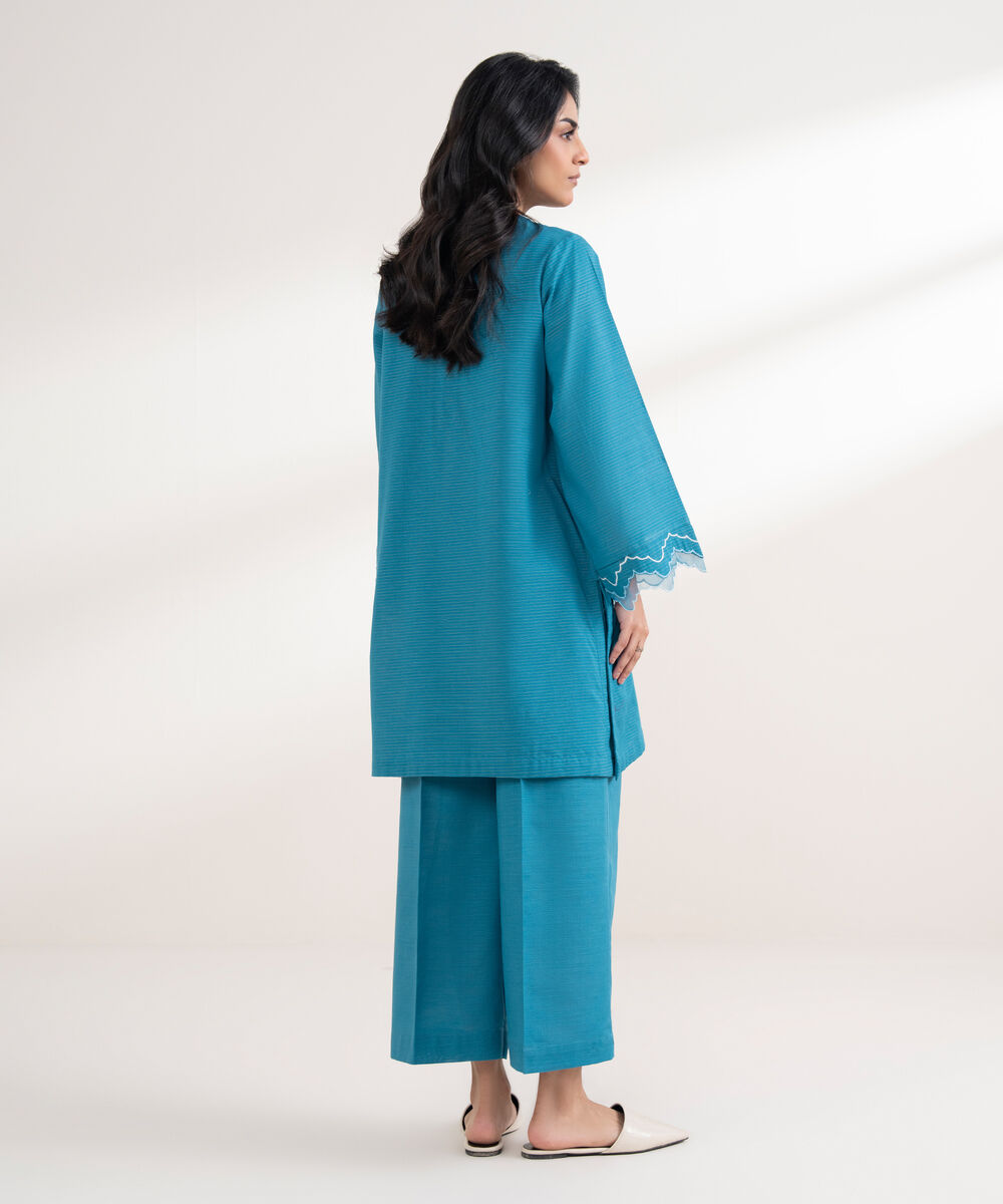 Women's RTW Light Khaddar Embroidered Blue Straight Shirt