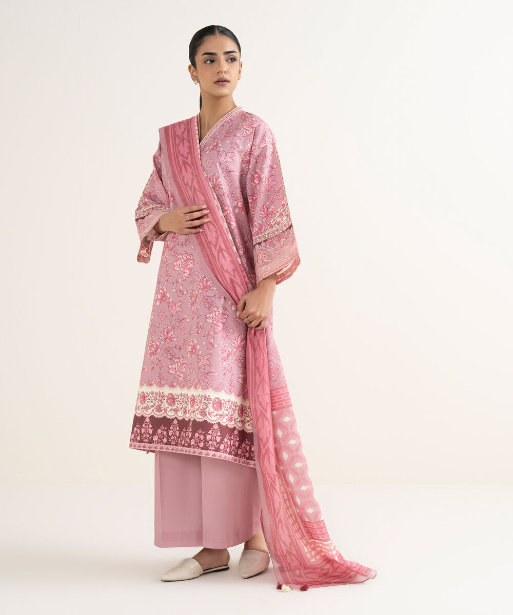 Women's Unstitched Cotton Printed Pink 3 Piece Suit