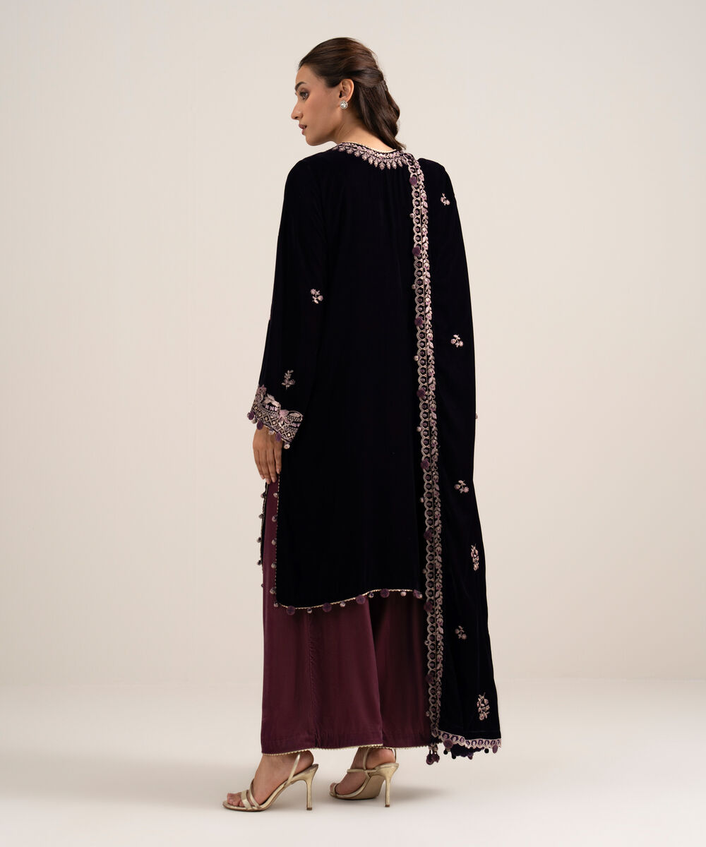 Women's Unstitched Embroidered Velvet Purple 3 Piece Suit