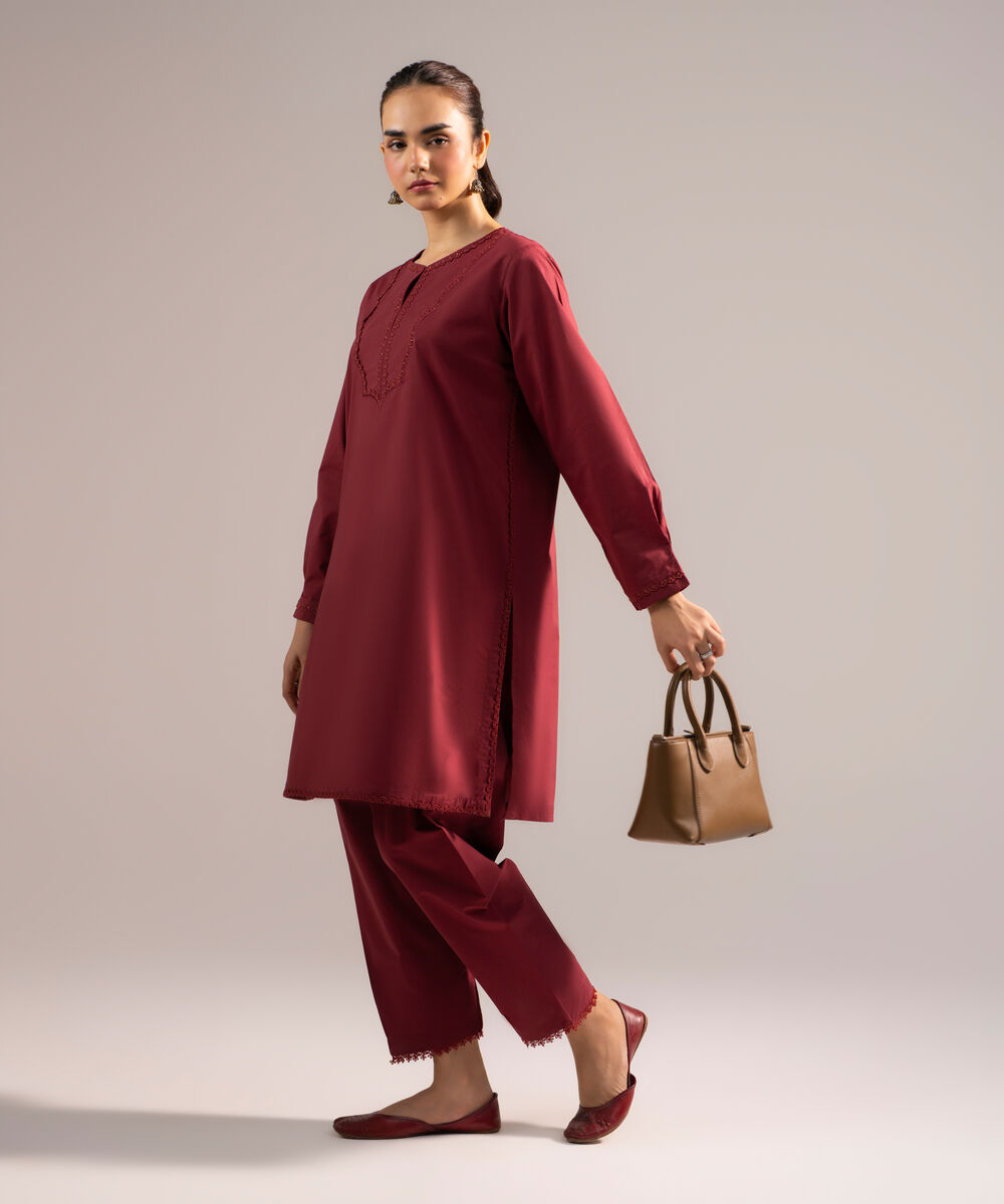 Women's RTW Poplin Solid Maroon Straight Shirt