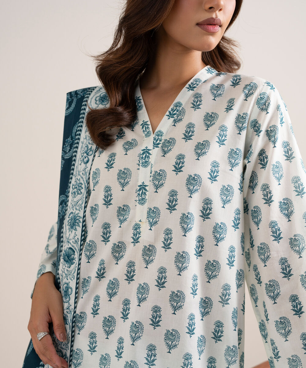 Women's Unstitched Lawn Printed Blue and White  3 Piece Suit