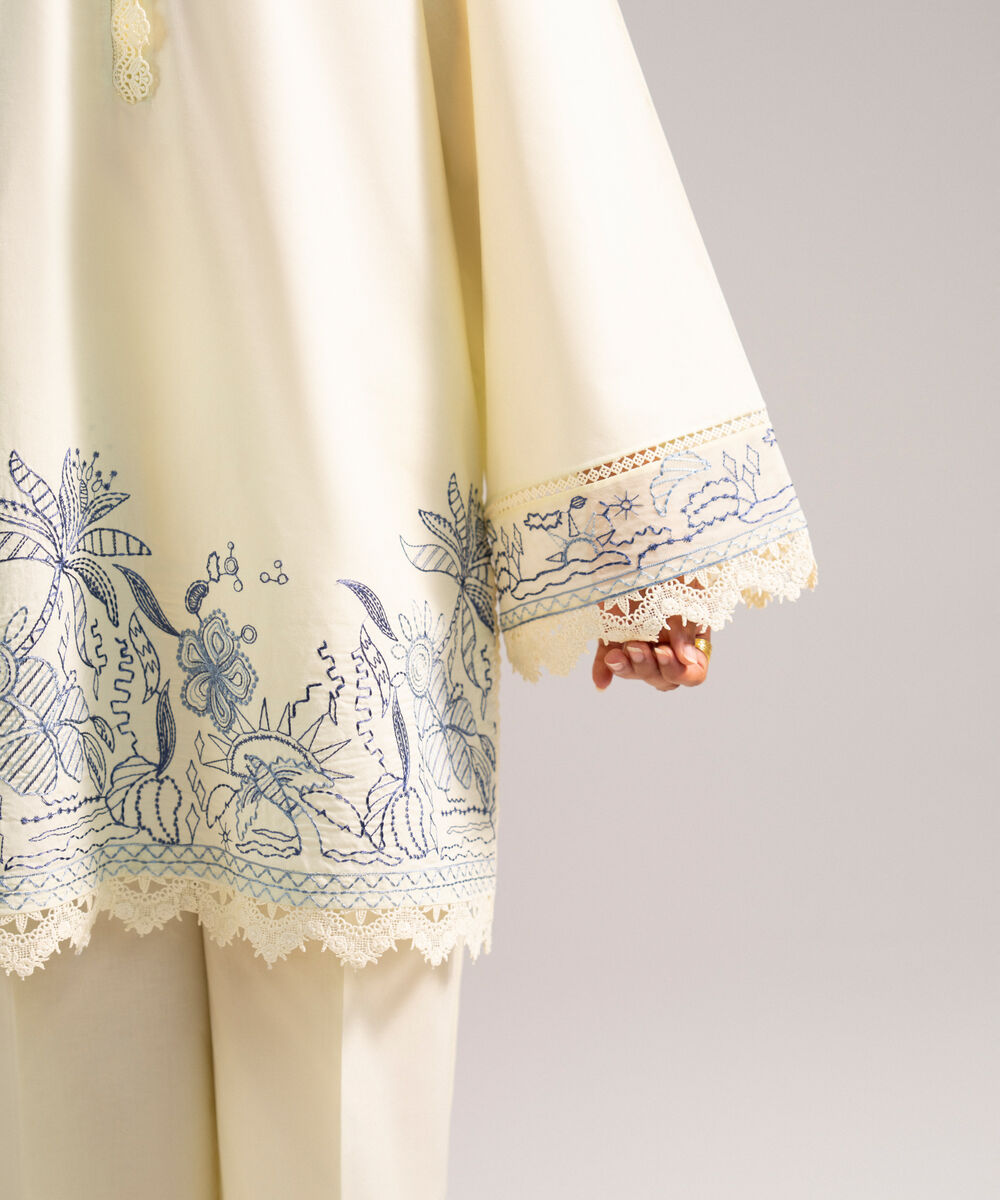 Women's RTW Cotton Viscose Embroidered Off White Straight Shirt
