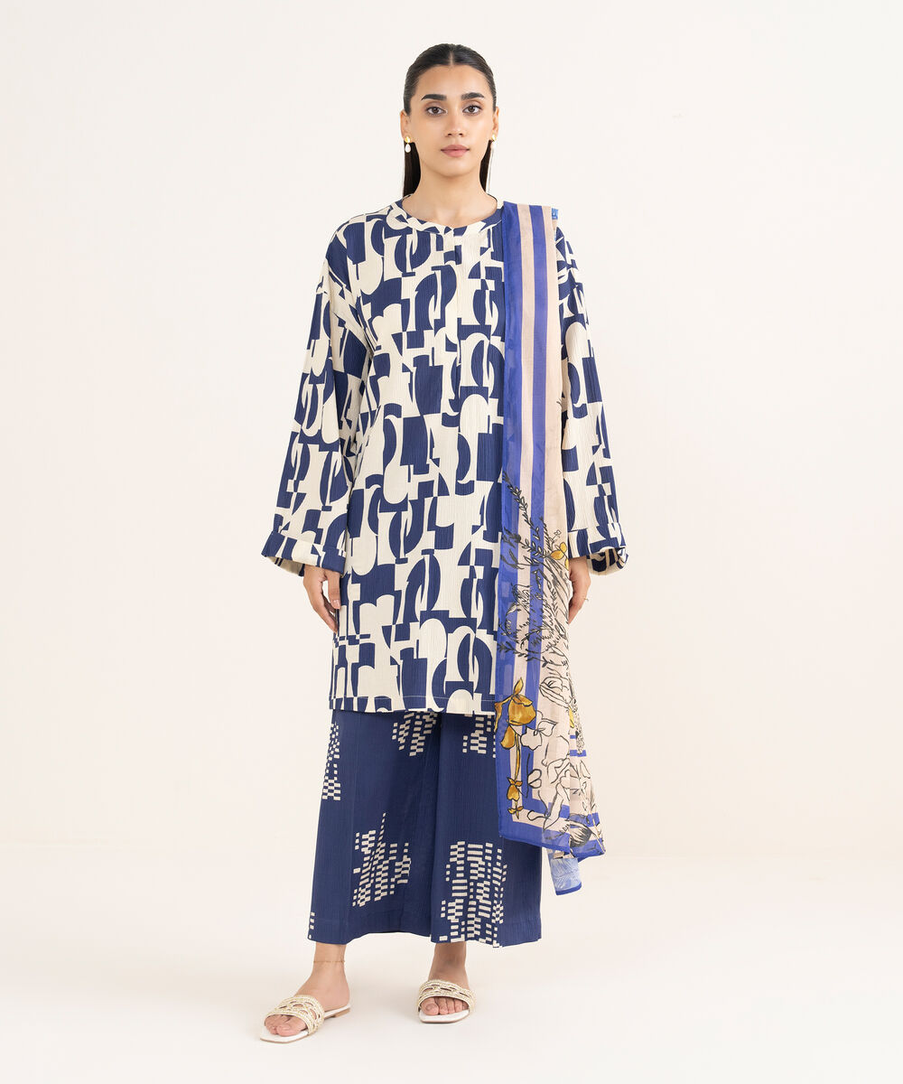 Women's RTW Seersucker Blue Printed Boxy Shirt