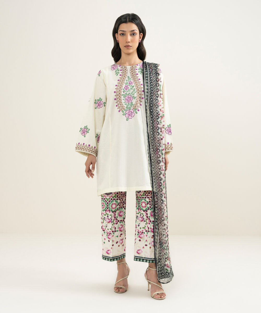 Women's RTW Dobby Embroidered Off White Straight Shirt