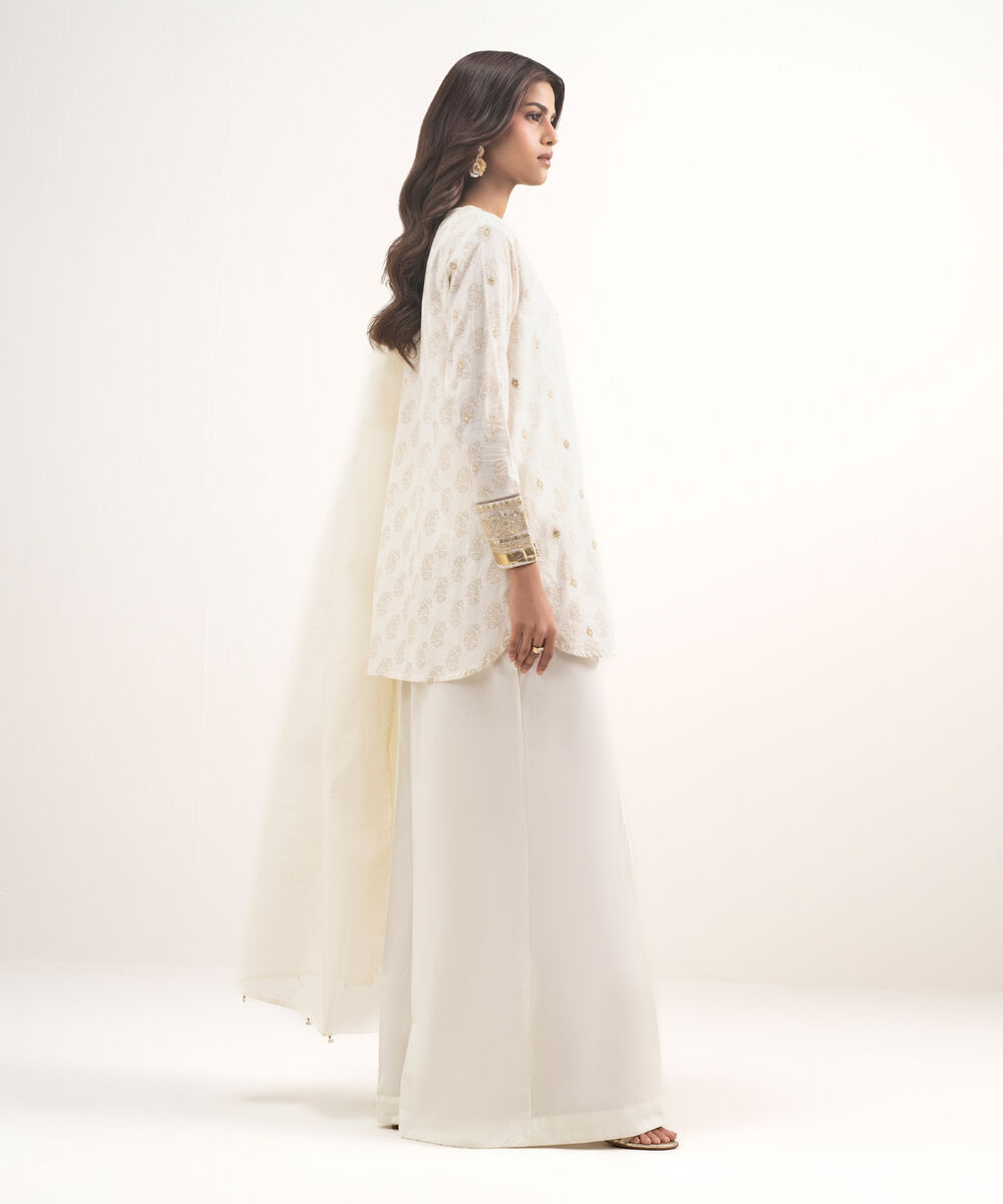 Women's RTW Lawn Embroidered Off White 3 Piece Suit