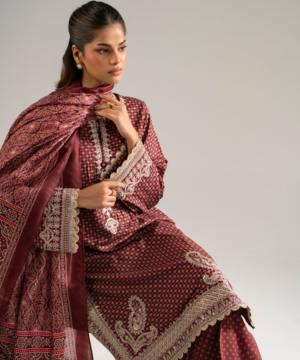 Women's RTW Arabic Dobby Embroidered Maroon 3 Piece Suit