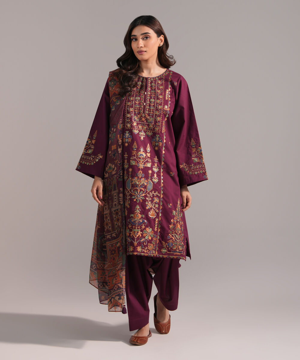 Women's RTW Lawn Embroidered Purple 3 Piece Suit