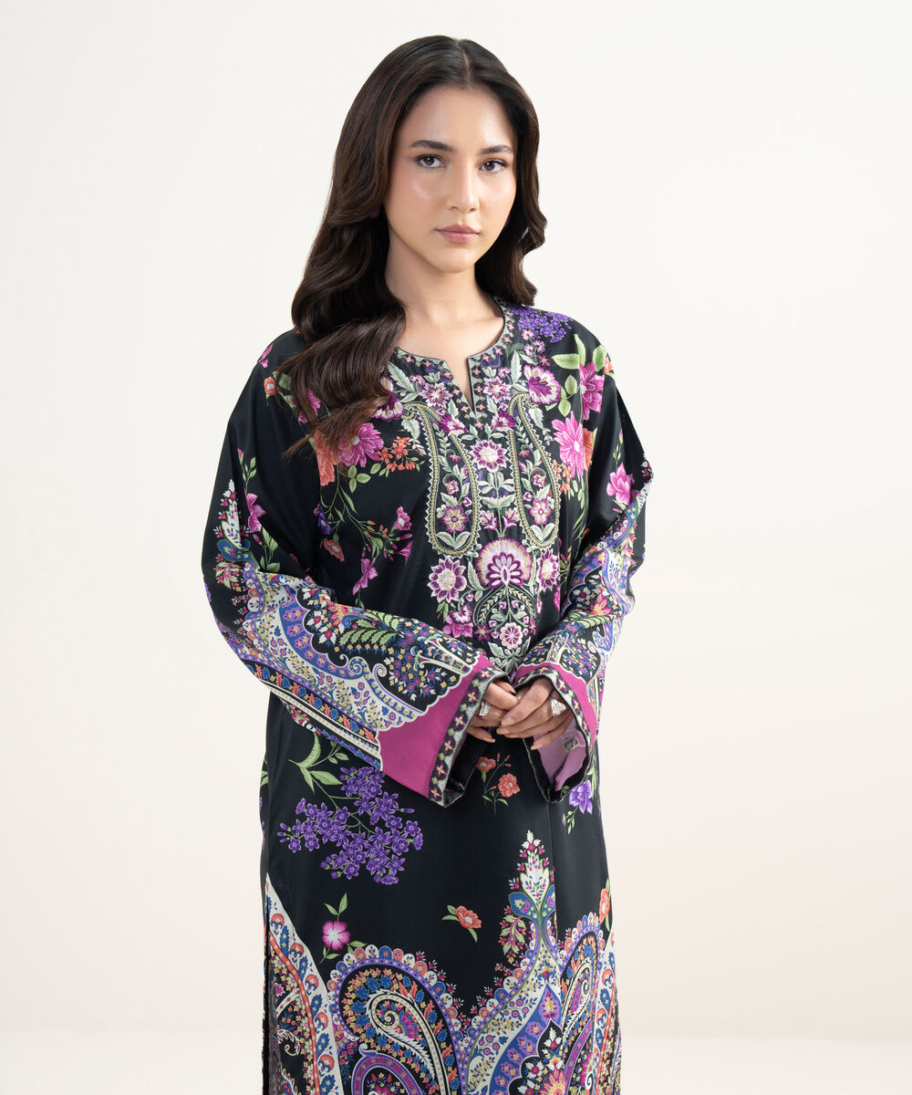 Women's RTW Cotton Viscose Embroidered Black Straight Shirt