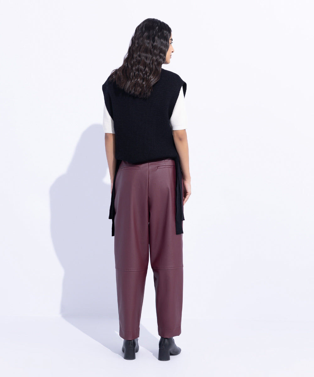Woman - Red High Waisted Faux Leather Trousers