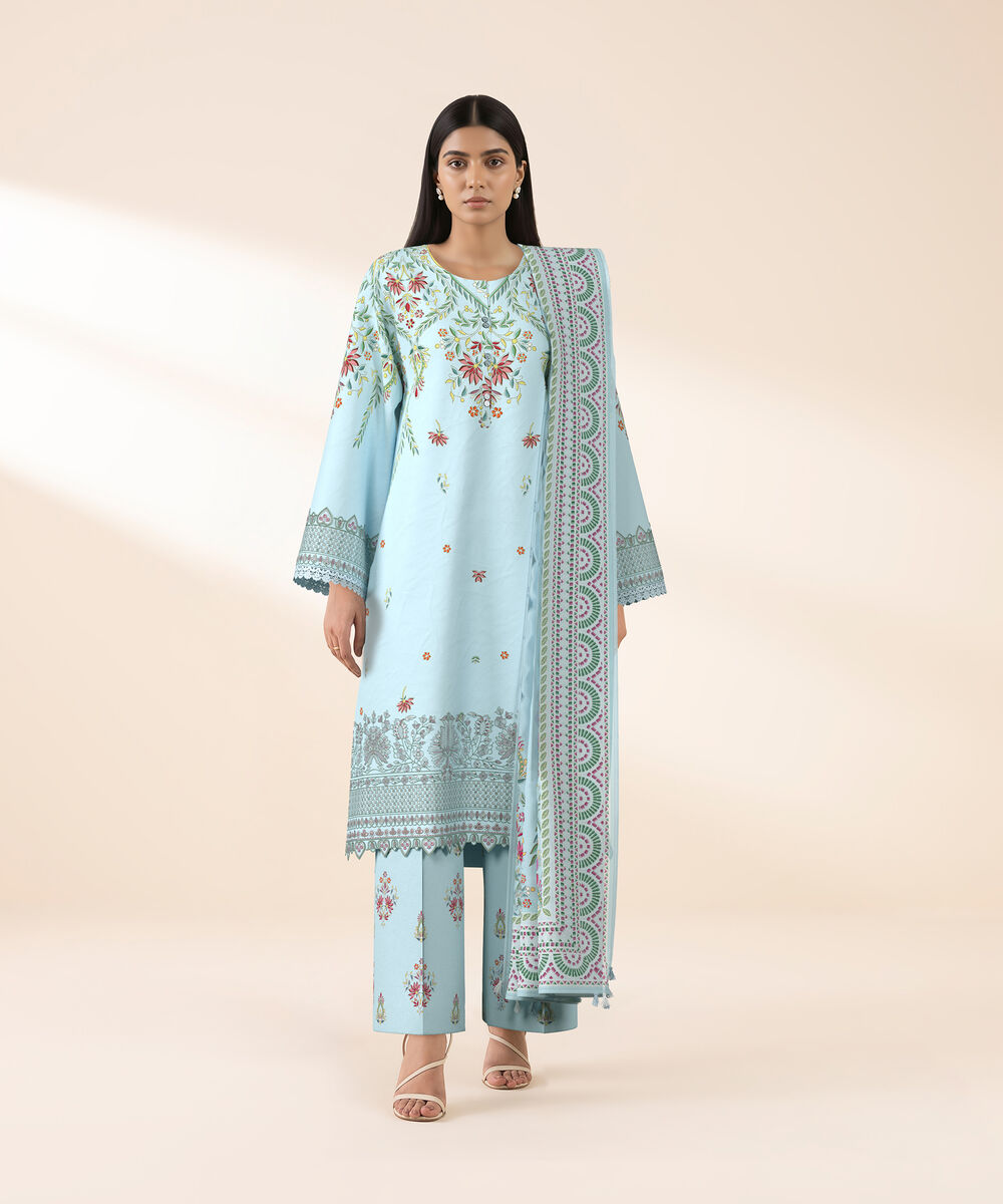 Women's Unstitched Lawn Blue Embroidered 3 Piece Suit