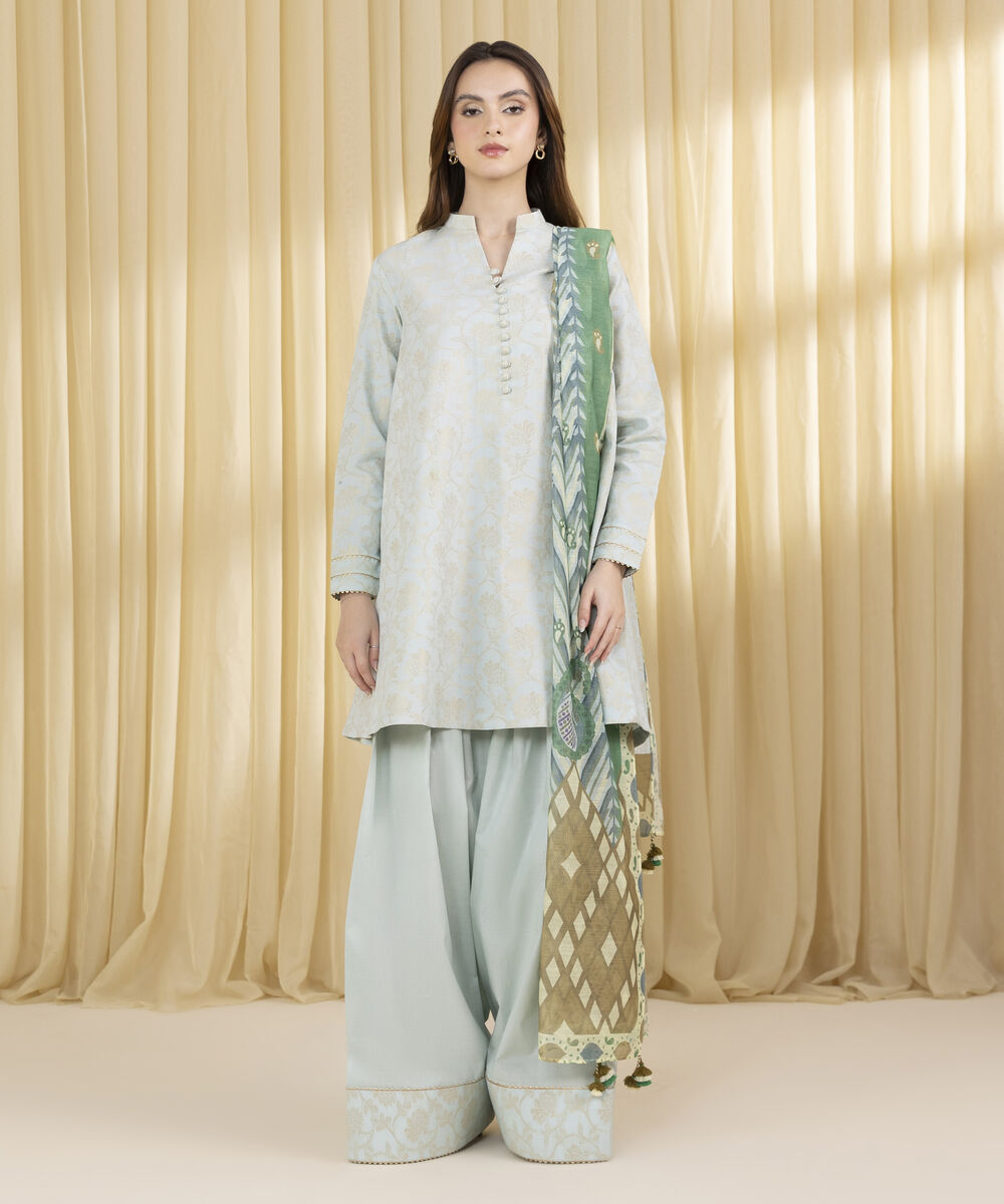 Unstitched Women's Blue Extra Weft Jacquard 3 Piece Suit