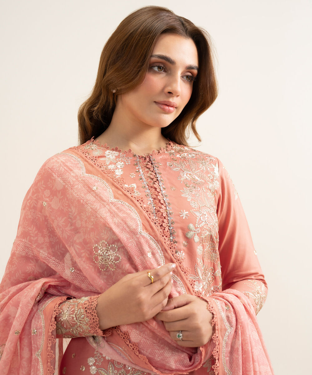 Women's Unstitched Fine Cotton Satin Embroidered Pink 3 Piece Suit