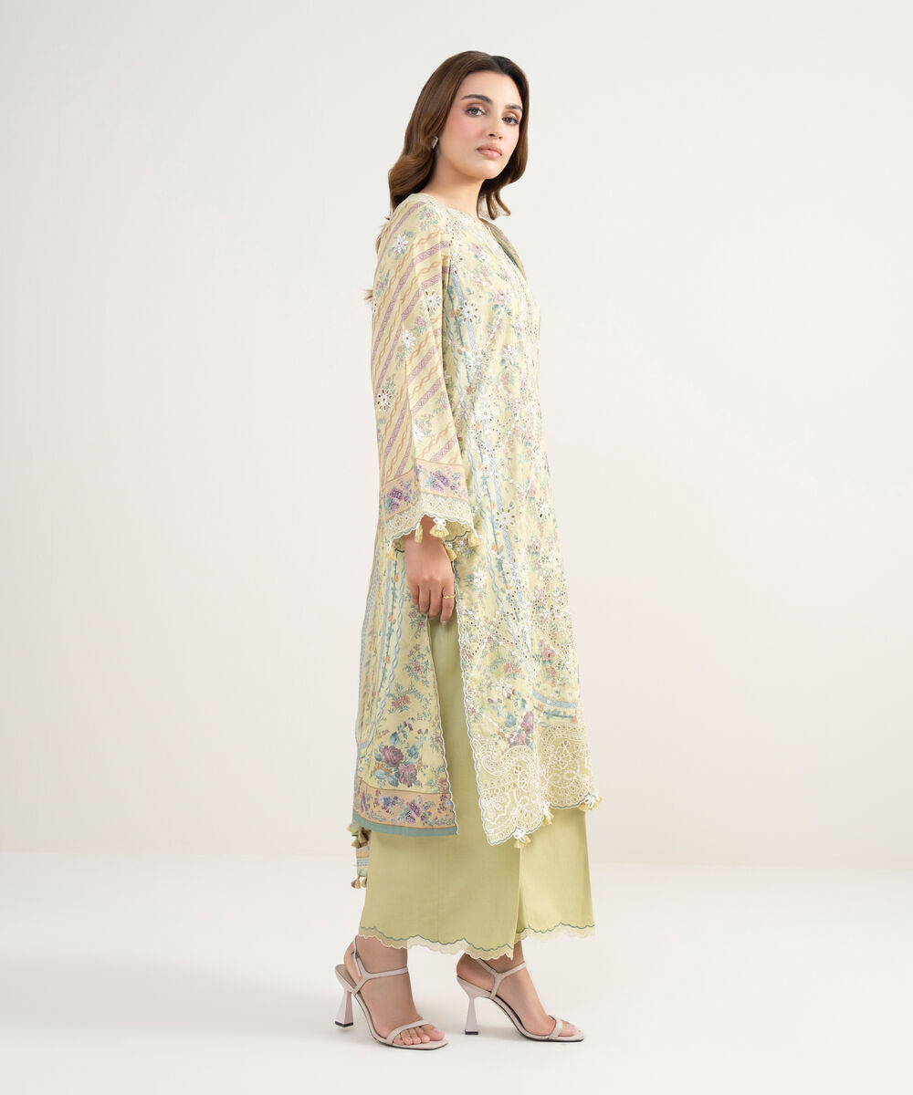 Women's Unstitched Fine Lawn Embroidered Yellow 3 Piece Suit