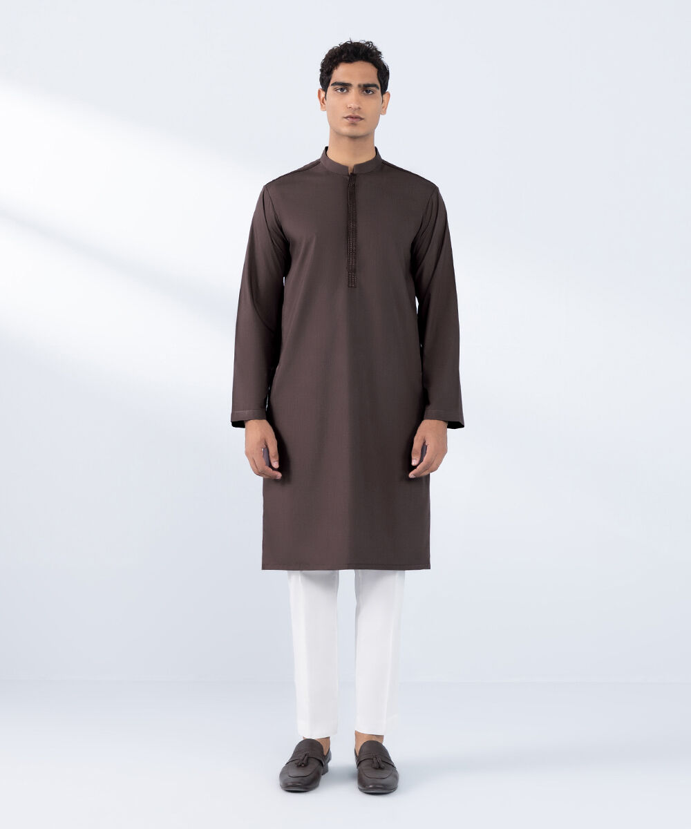 Men's Stitched Embroidered Mauve Wash & Wear Kurta