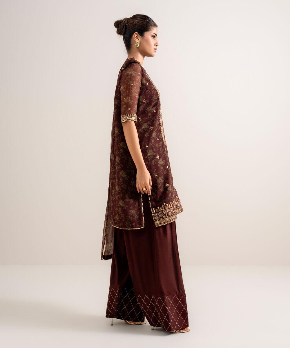 Women's Unstitched Embroidered Blended Chiffon Red 3 Piece Suit