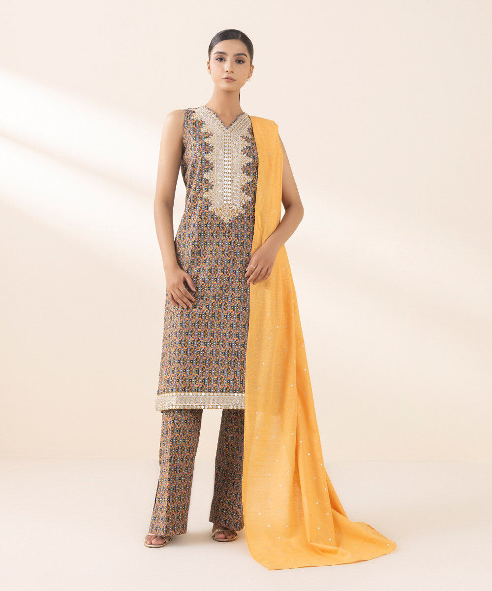 Women's Unstitched Embroidered Multicolours Light Khaddar Three Piece Suit