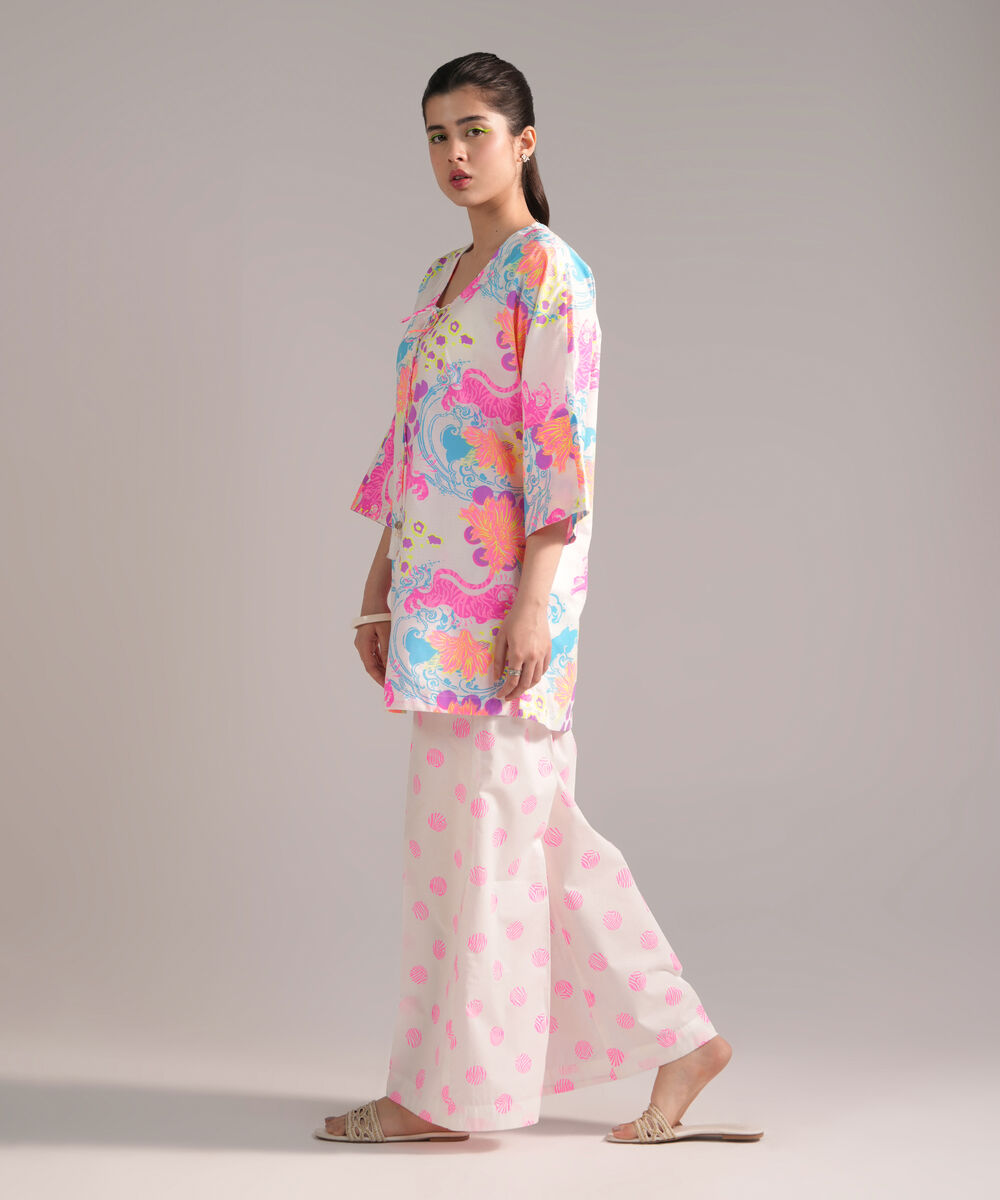 Women's RTW Dobby Printed White 2 Piece Suit