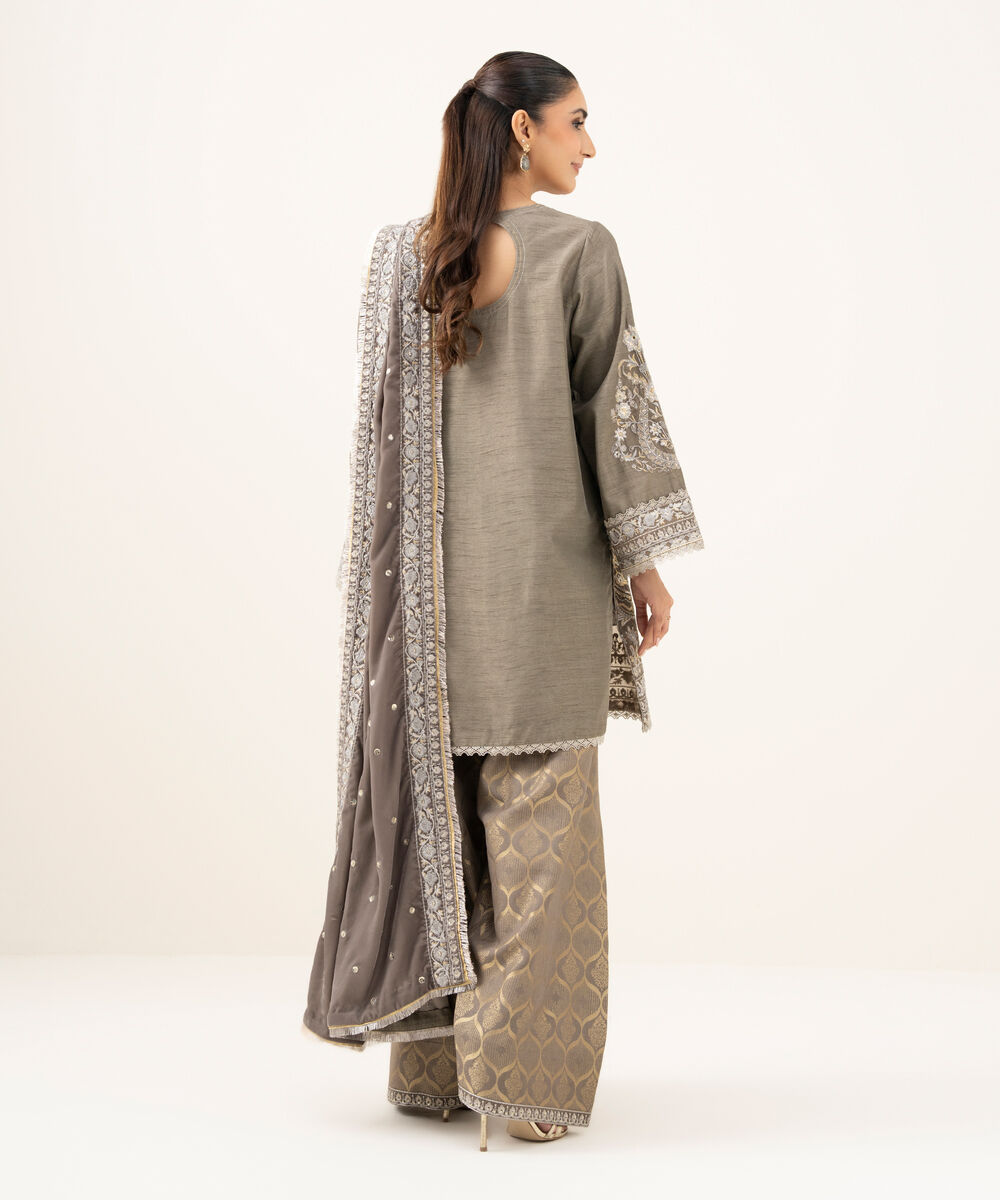 Women's Unstitched Raw Silk Embroidered Grey 3 Piece Suit