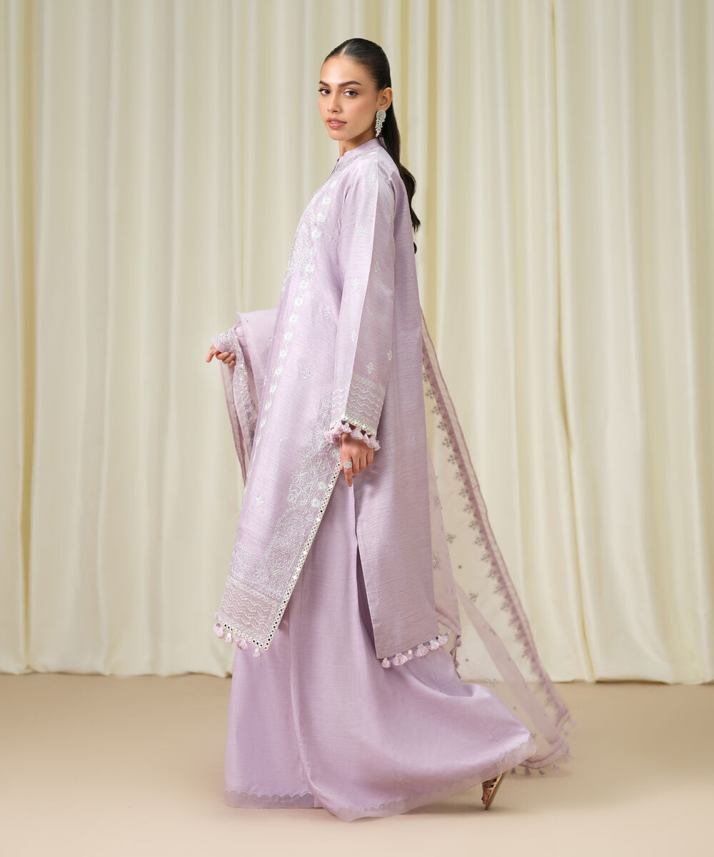 Women's Unstitched Raw Silk Embroidered Purple 3 Piece Suit