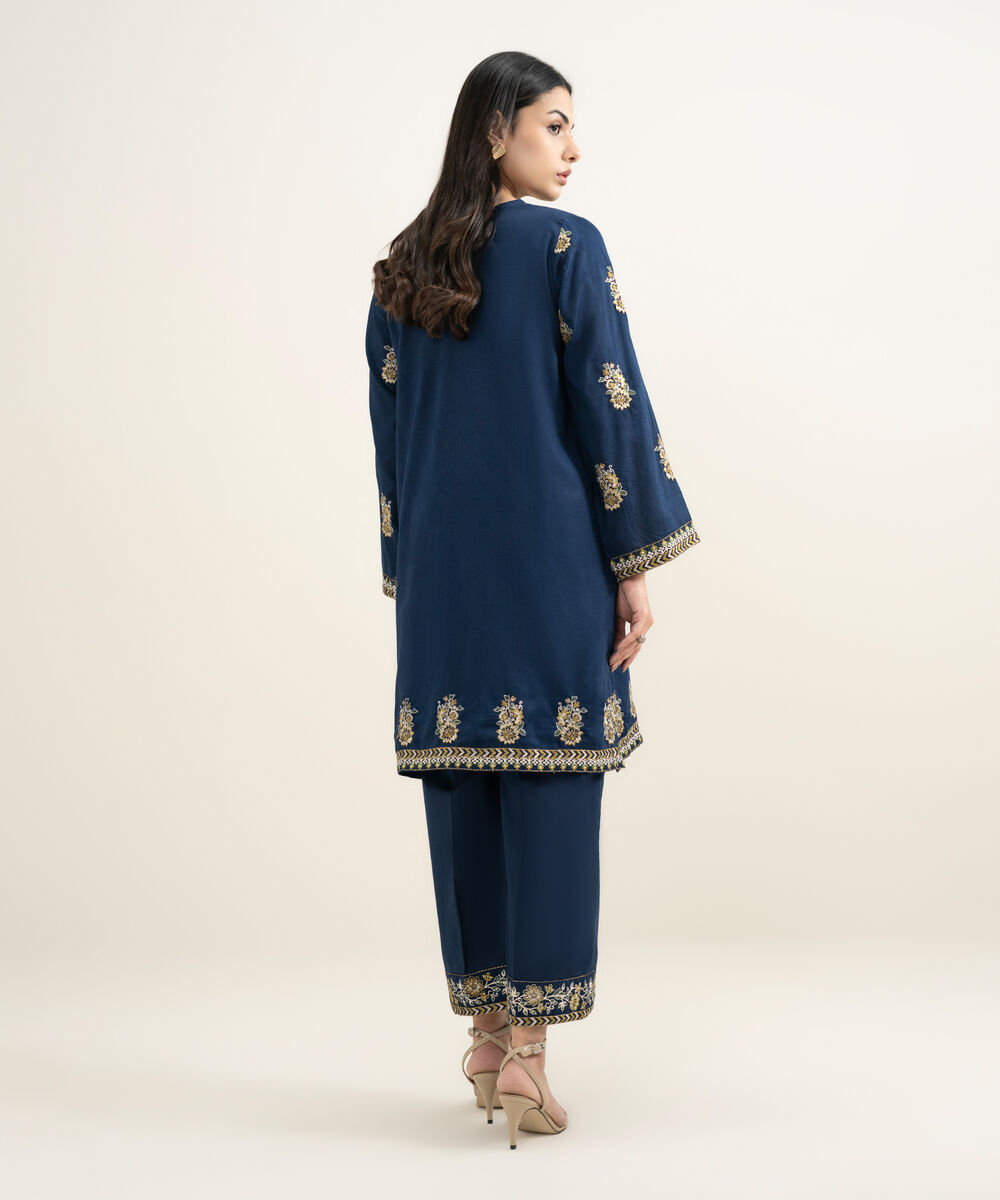 Women's RTW Self Jacquard Embroidered Blue Straight Shirt