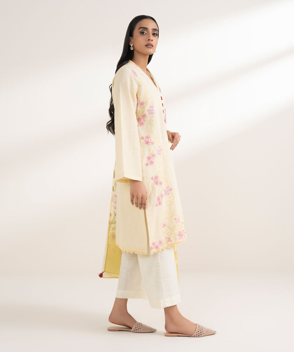 Women's RTW Khaddar Embroidered Pale Yellow 2 Piece Suit