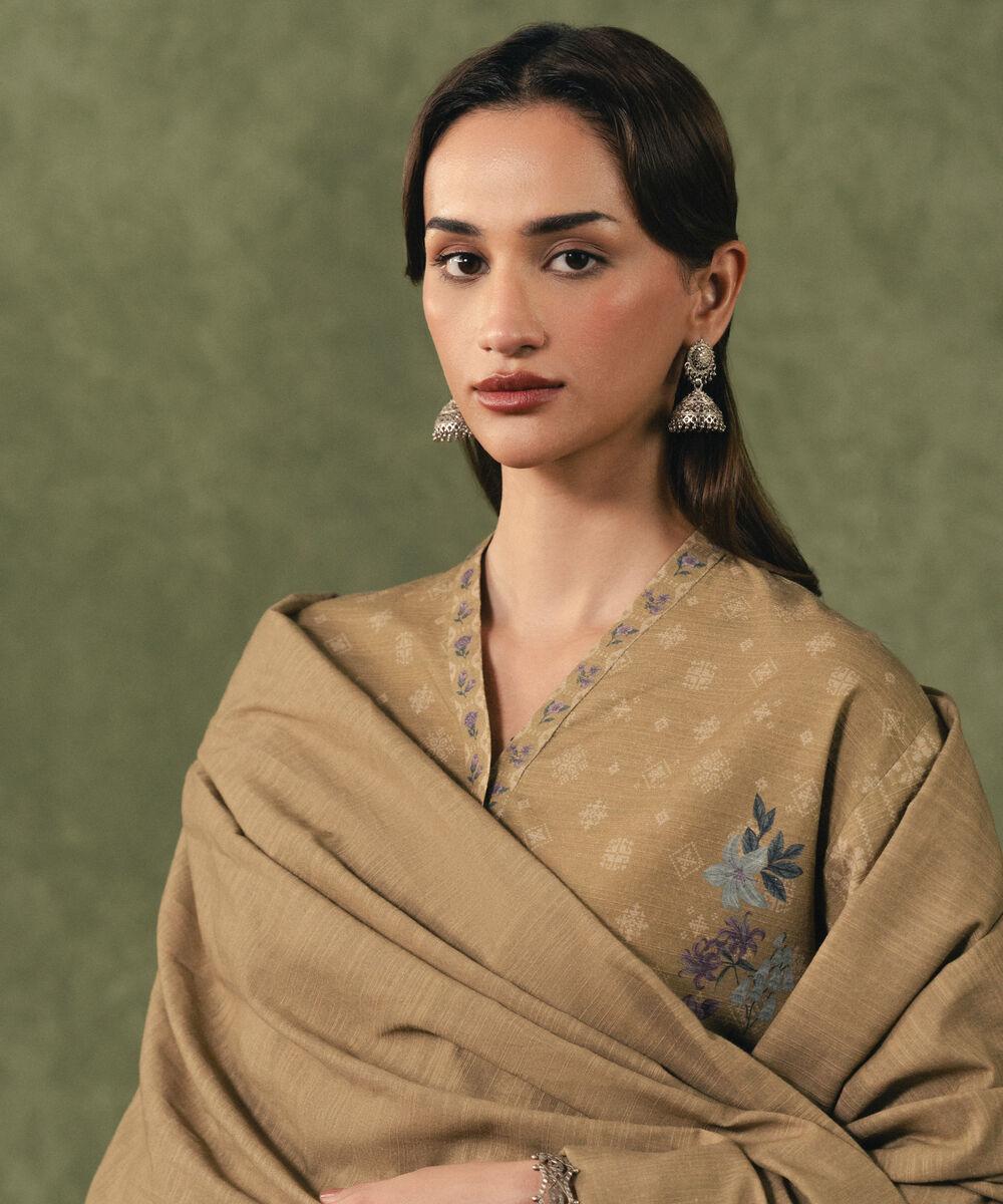 Women's Unstitched Khaddar Printed Brown 3 Piece Suit