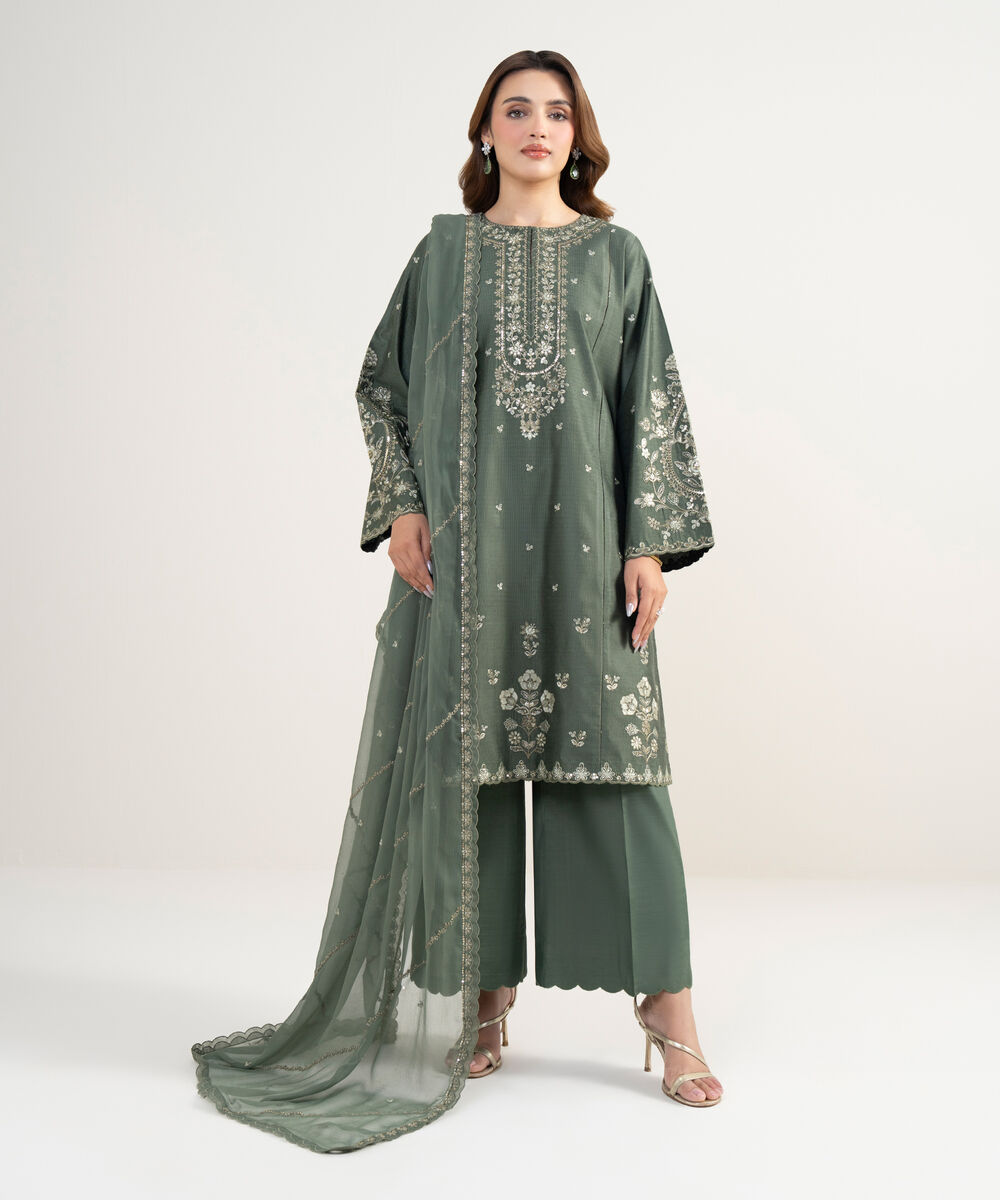 Women's Unstitched Cotton Net Embroidered Green 3 Piece Suit