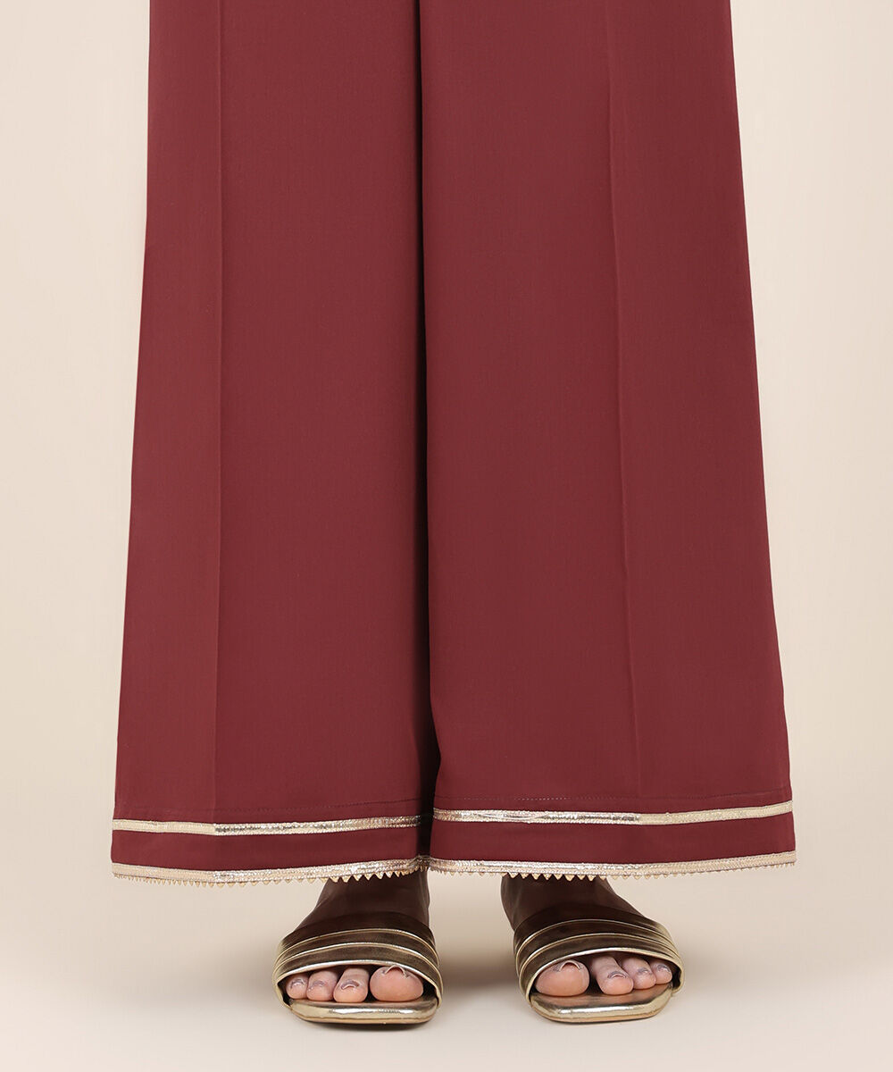 Women's RTW Cotton Satin Red Solid Flared Pants