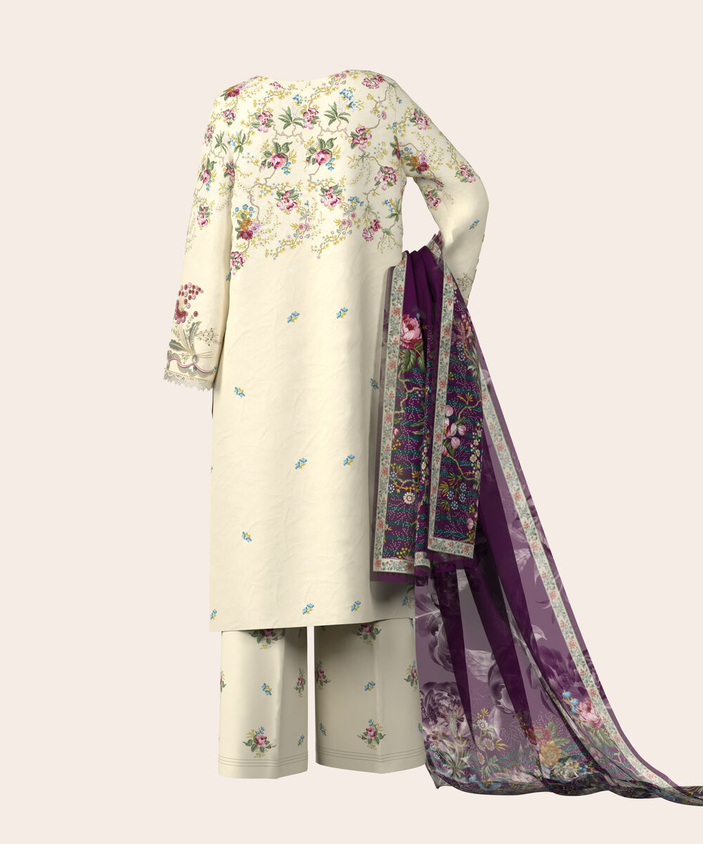 Women's Unstitched Lawn Off White  Embroidered 3 Piece Suit