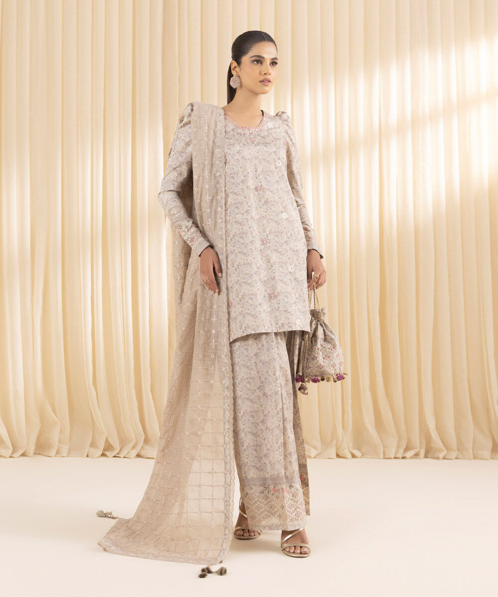 Unstitched Women's Embroidered Blended Grip Silk Beige Three Piece Suit