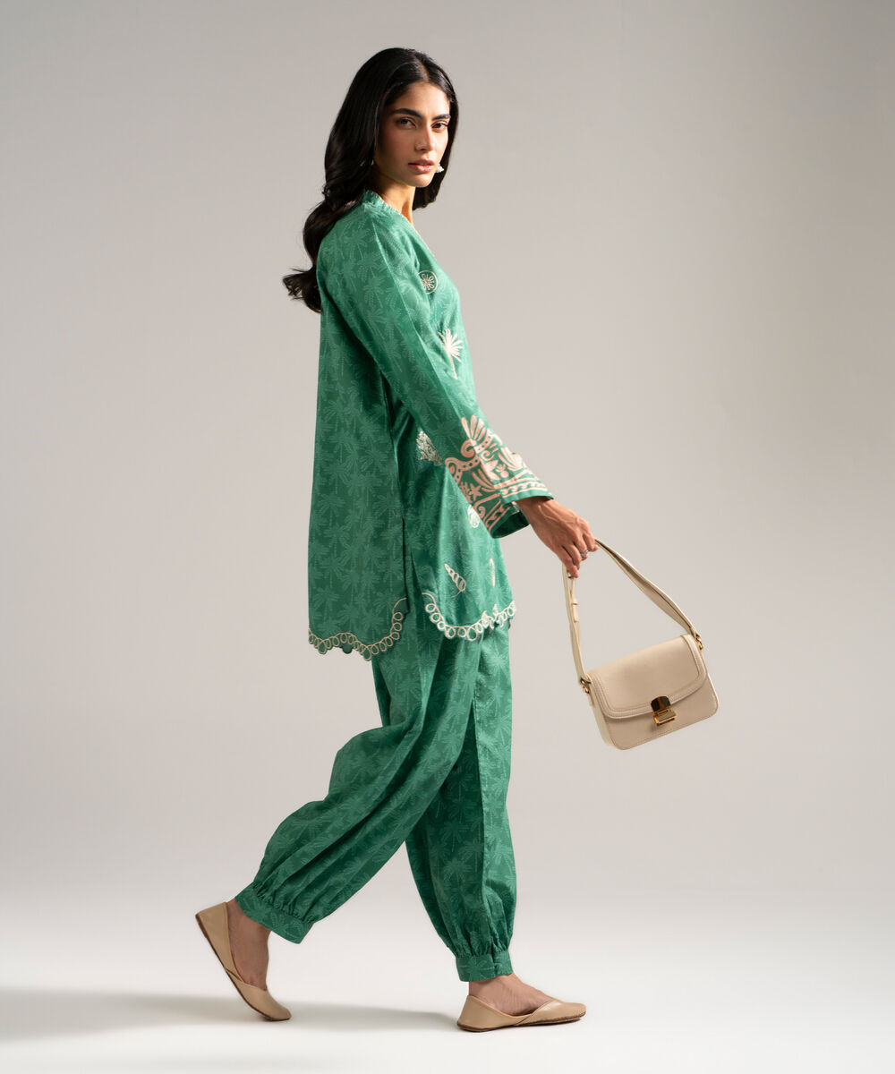 Women's RTW Dobby Embroidered Green Straight Shirt