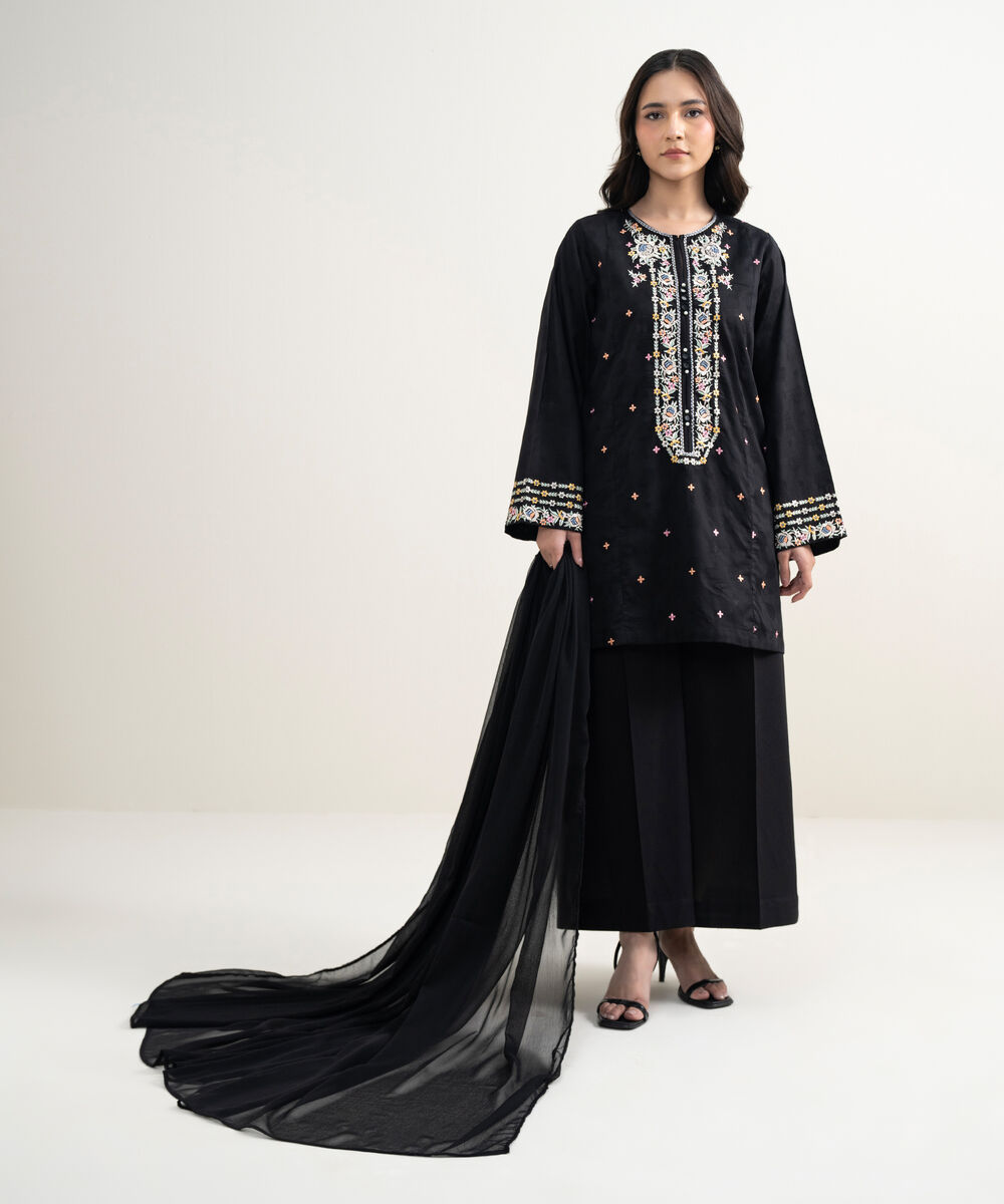 Women's RTW Self Jacquard Embroidered Black 3 Piece Suit